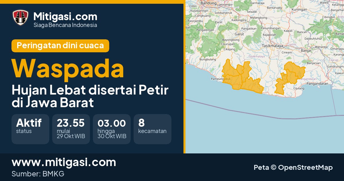Peringatan dini cuaca BMKG tingkat Waspada di Jawa Barat. (Mitigasi.com/data BMKG)