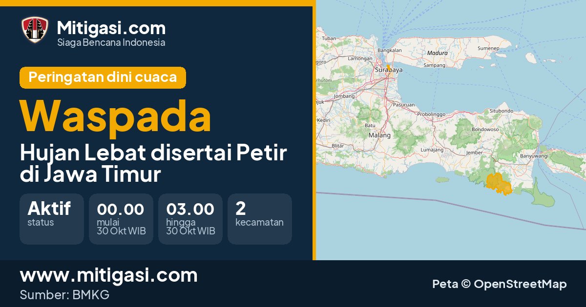 Peringatan dini cuaca BMKG tingkat Waspada di Jawa Timur. (Mitigasi.com/data BMKG)
