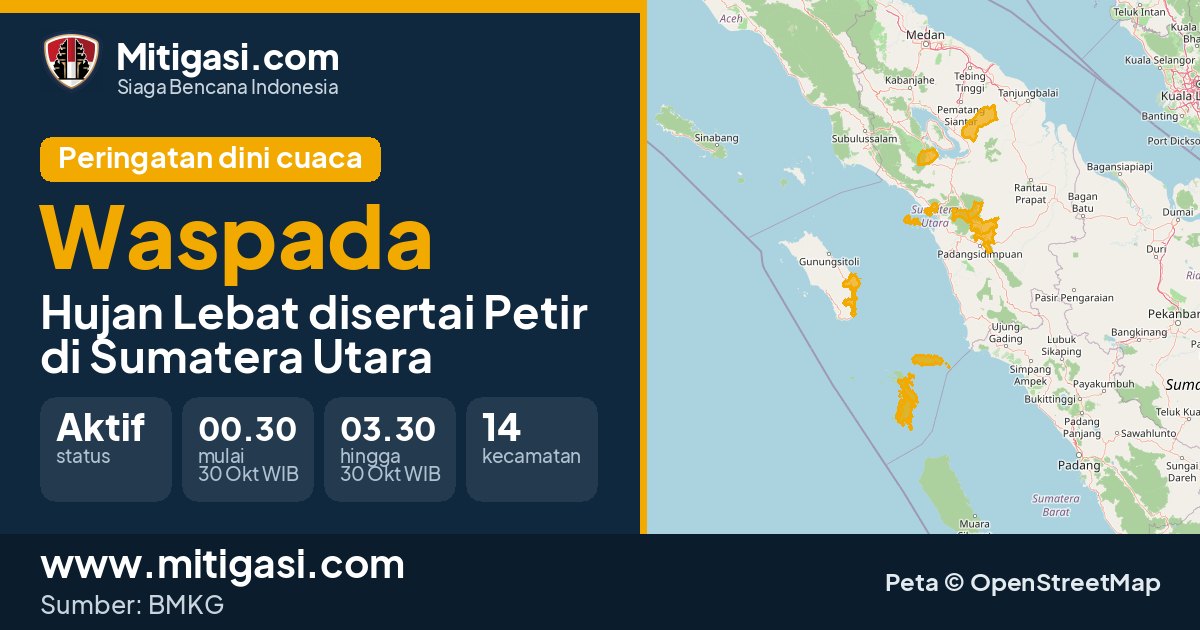 Peringatan dini cuaca BMKG tingkat Waspada di Sumatera Utara. (Mitigasi.com/data BMKG)