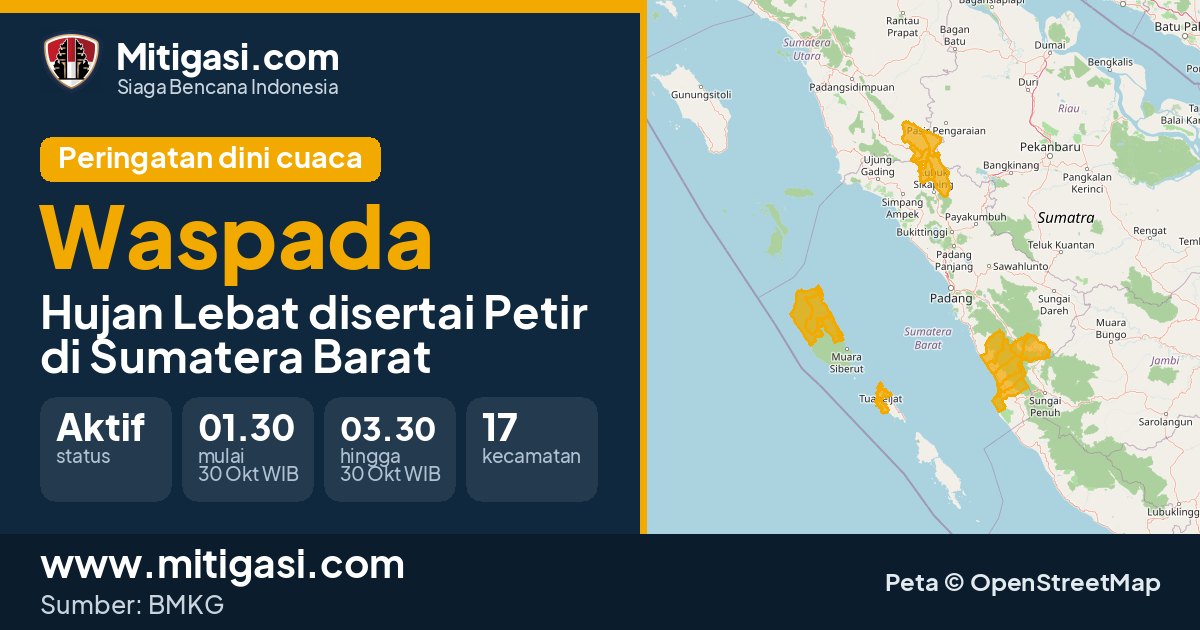Peringatan dini cuaca BMKG tingkat Waspada di Sumatera Barat. (Mitigasi.com/data BMKG)