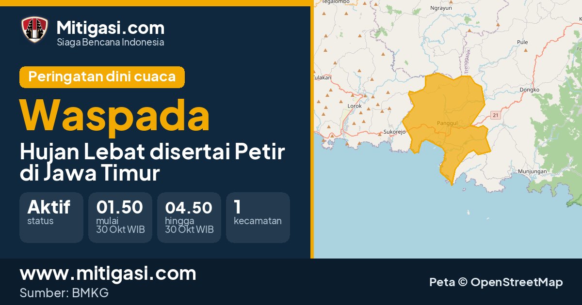 Peringatan dini cuaca BMKG tingkat Waspada di Jawa Timur. (Mitigasi.com/data BMKG)