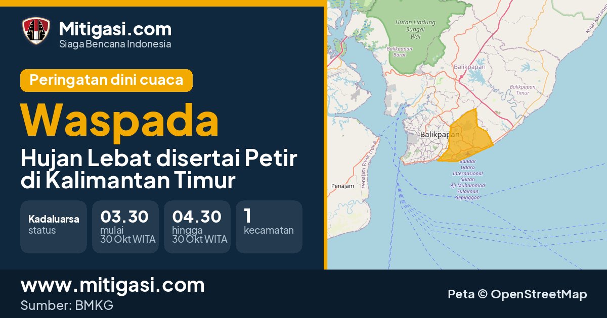 Peringatan dini cuaca BMKG tingkat Waspada di Kalimantan Timur. (Mitigasi.com/data BMKG)