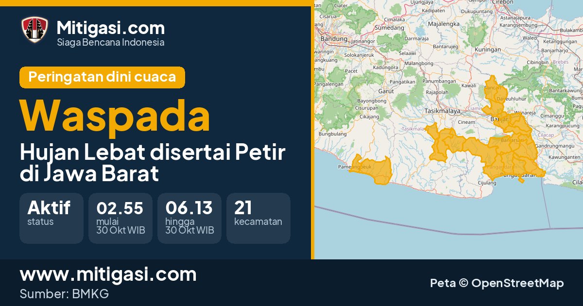 Peringatan dini cuaca BMKG tingkat Waspada di Jawa Barat. (Mitigasi.com/data BMKG)