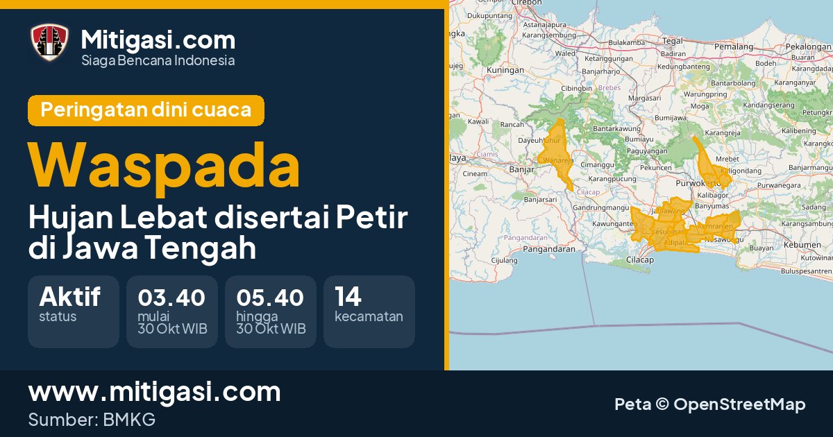 Peringatan dini cuaca BMKG tingkat Waspada di Jawa Tengah. (Mitigasi.com/data BMKG)