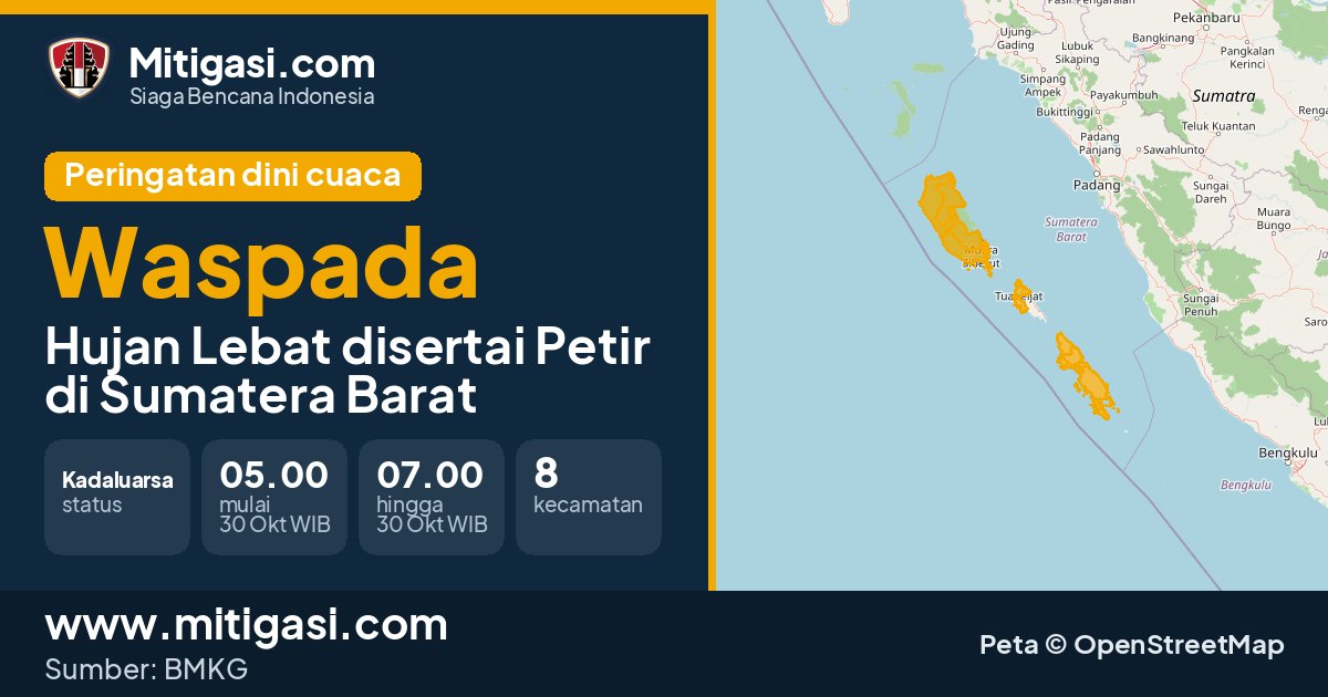 Peringatan dini cuaca BMKG tingkat Waspada di Sumatera Barat. (Mitigasi.com/data BMKG)