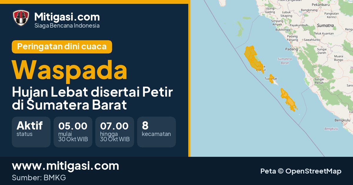 Peringatan dini cuaca BMKG tingkat Waspada di Sumatera Barat. (Mitigasi.com/data BMKG)
