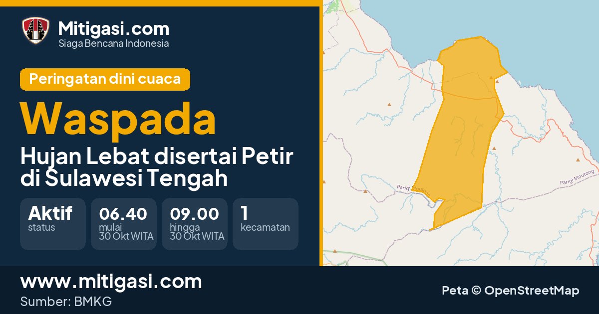 Peringatan dini cuaca BMKG tingkat Waspada di Sulawesi Tengah. (Mitigasi.com/data BMKG)