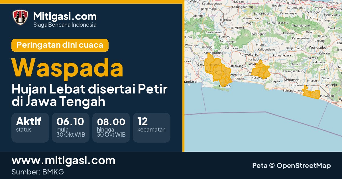 Peringatan dini cuaca BMKG tingkat Waspada di Jawa Tengah. (Mitigasi.com/data BMKG)