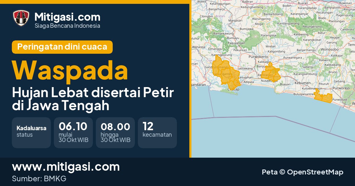 Peringatan dini cuaca BMKG tingkat Waspada di Jawa Tengah. (Mitigasi.com/data BMKG)