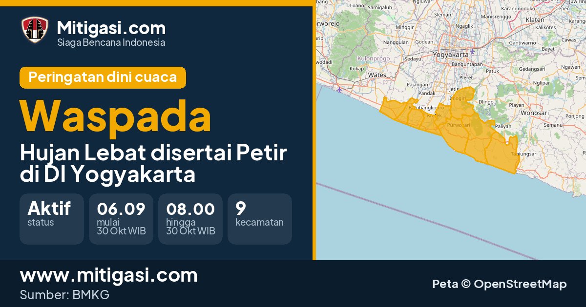 Peringatan dini cuaca BMKG tingkat Waspada di DI Yogyakarta. (Mitigasi.com/data BMKG)