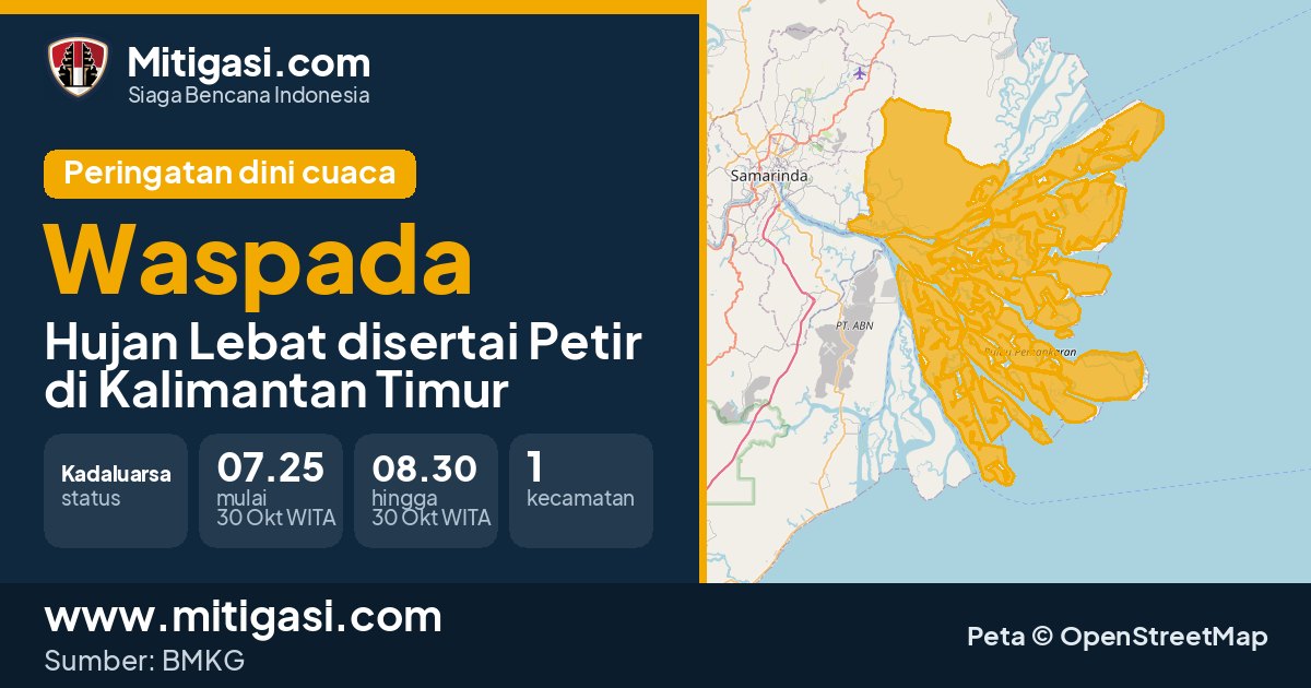 Peringatan dini cuaca BMKG tingkat Waspada di Kalimantan Timur. (Mitigasi.com/data BMKG)