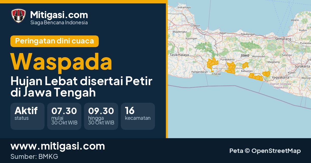 Peringatan dini cuaca BMKG tingkat Waspada di Jawa Tengah. (Mitigasi.com/data BMKG)