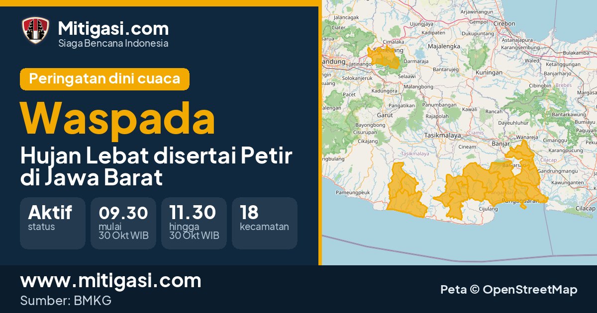 Peringatan dini cuaca BMKG tingkat Waspada di Jawa Barat. (Mitigasi.com/data BMKG)