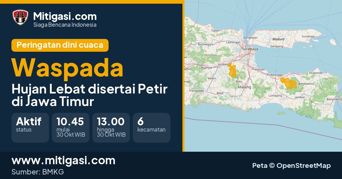 Peringatan dini cuaca BMKG tingkat Waspada di Jawa Timur. (Mitigasi.com/data BMKG)