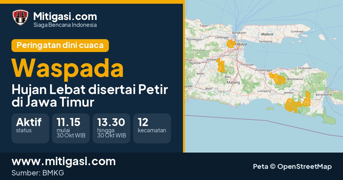 Peringatan dini cuaca BMKG tingkat Waspada di Jawa Timur. (Mitigasi.com/data BMKG)