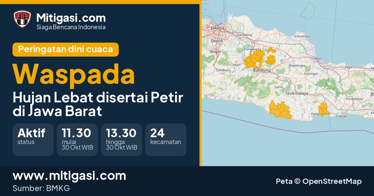 Peringatan dini cuaca BMKG tingkat Waspada di Jawa Barat. (Mitigasi.com/data BMKG)