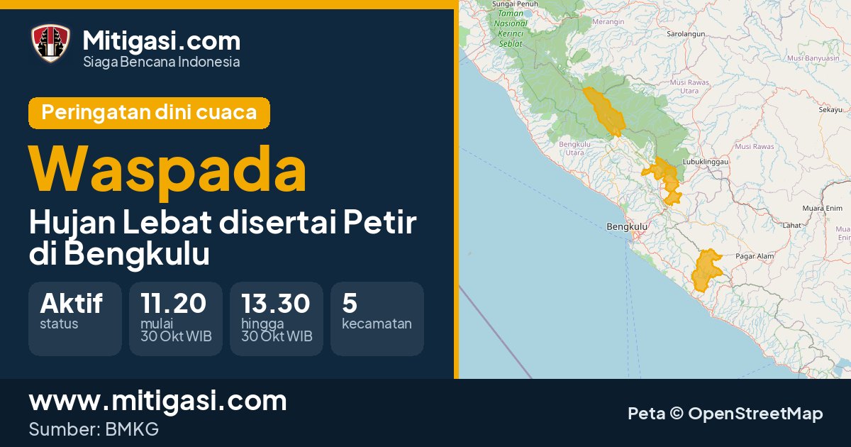 Peringatan dini cuaca BMKG tingkat Waspada di Bengkulu. (Mitigasi.com/data BMKG)
