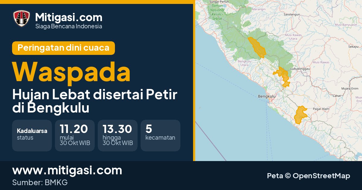Peringatan dini cuaca BMKG tingkat Waspada di Bengkulu. (Mitigasi.com/data BMKG)