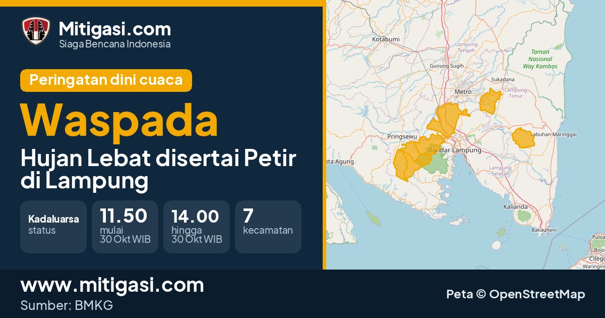 Peringatan dini cuaca BMKG tingkat Waspada di Lampung. (Mitigasi.com/data BMKG)
