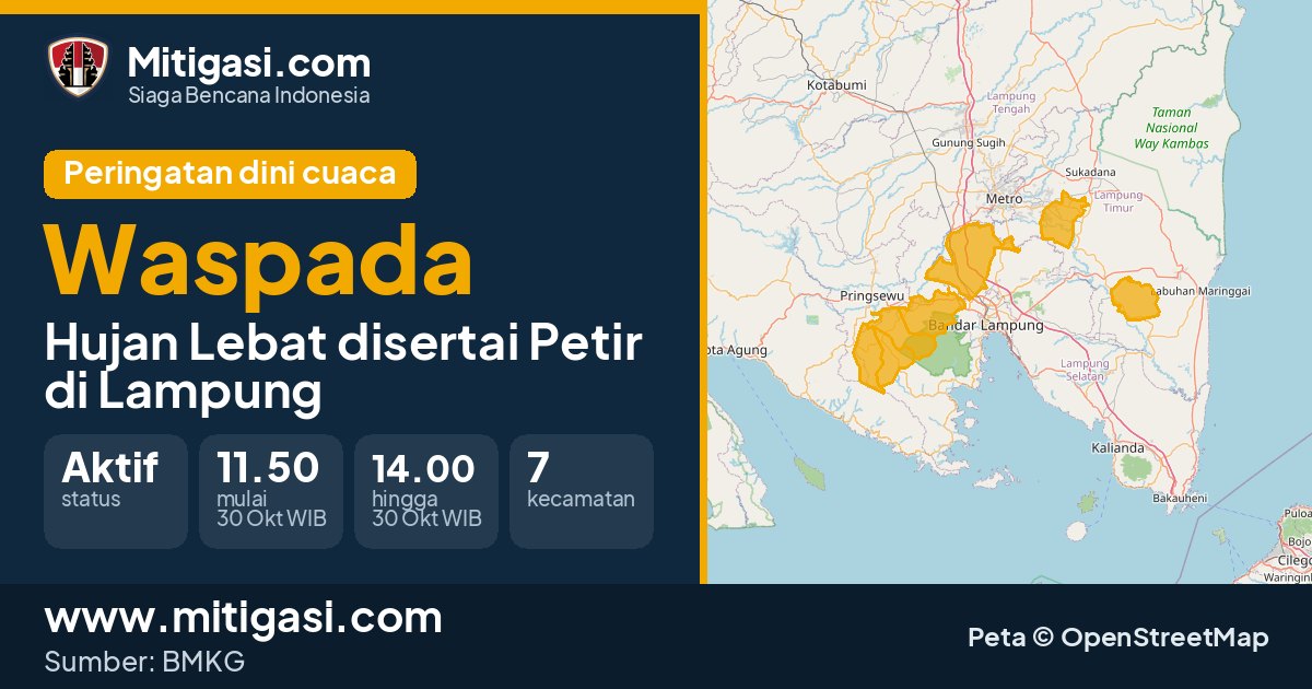 Peringatan dini cuaca BMKG tingkat Waspada di Lampung. (Mitigasi.com/data BMKG)