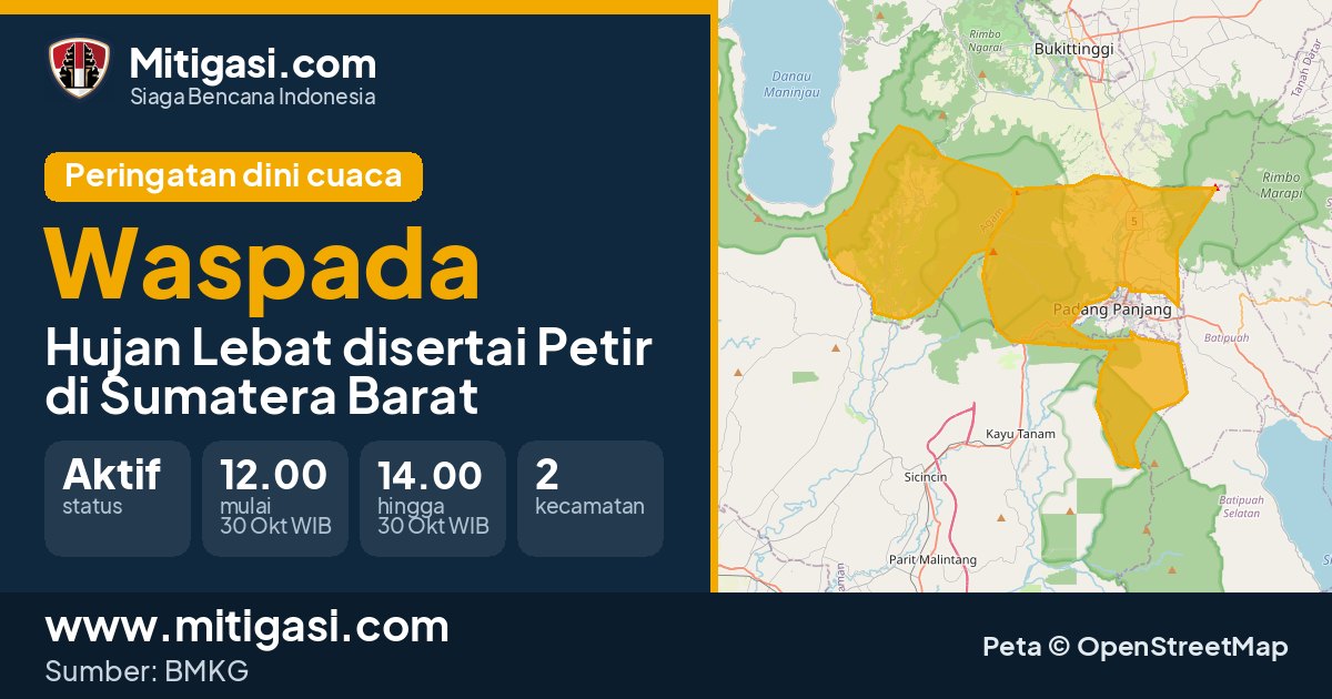 Peringatan dini cuaca BMKG tingkat Waspada di Sumatera Barat. (Mitigasi.com/data BMKG)