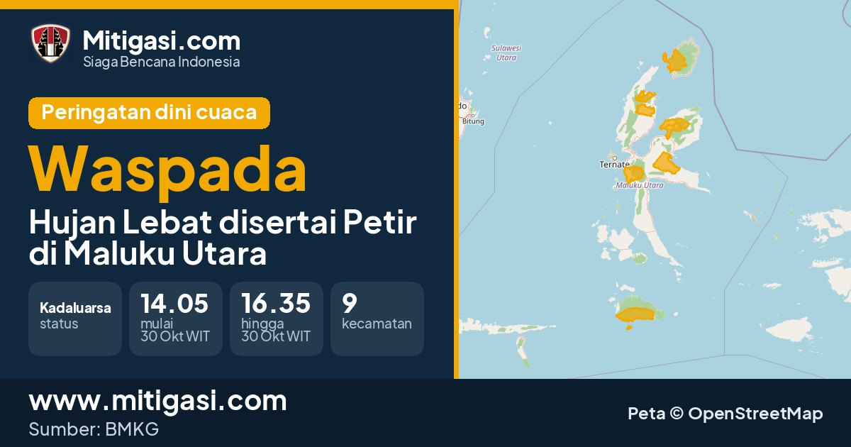 Peringatan dini cuaca BMKG tingkat Waspada di Maluku Utara. (Mitigasi.com/data BMKG)