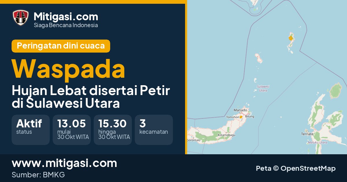 Peringatan dini cuaca BMKG tingkat Waspada di Sulawesi Utara. (Mitigasi.com/data BMKG)