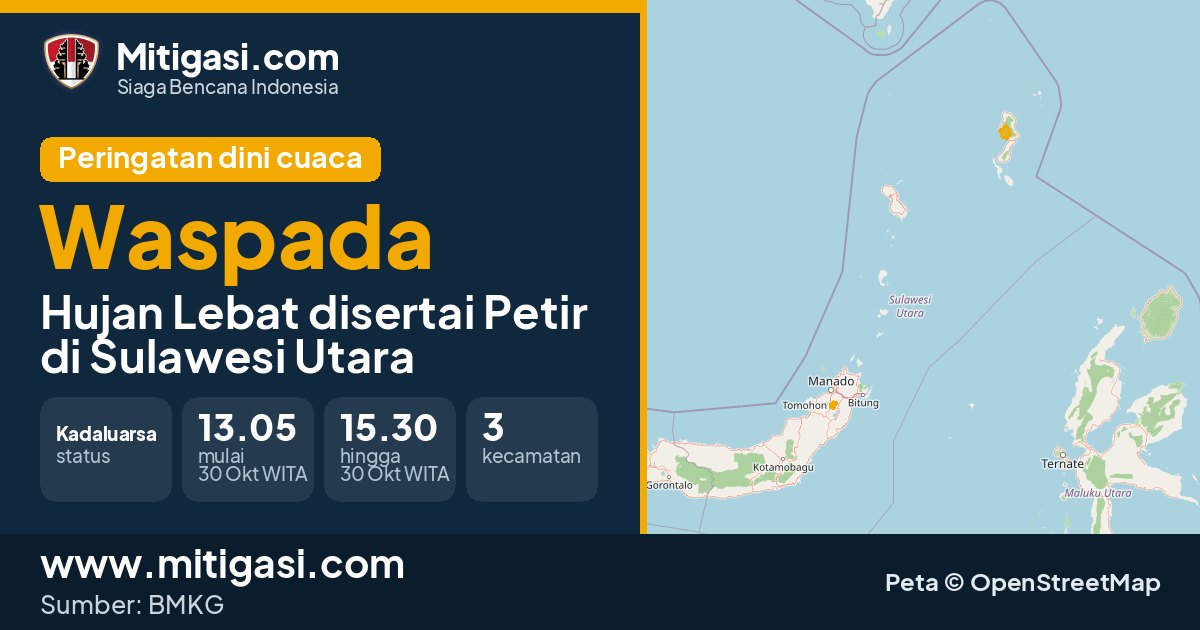Peringatan dini cuaca BMKG tingkat Waspada di Sulawesi Utara. (Mitigasi.com/data BMKG)