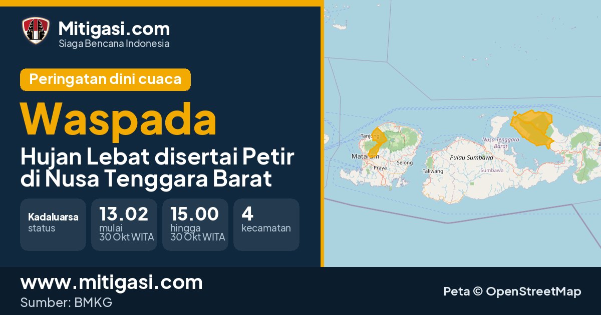 Peringatan dini cuaca BMKG tingkat Waspada di Nusa Tenggara Barat. (Mitigasi.com/data BMKG)