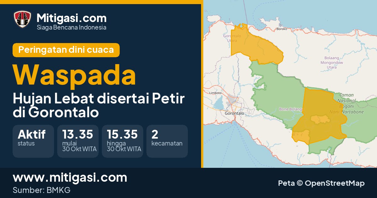 Peringatan dini cuaca BMKG tingkat Waspada di Gorontalo. (Mitigasi.com/data BMKG)