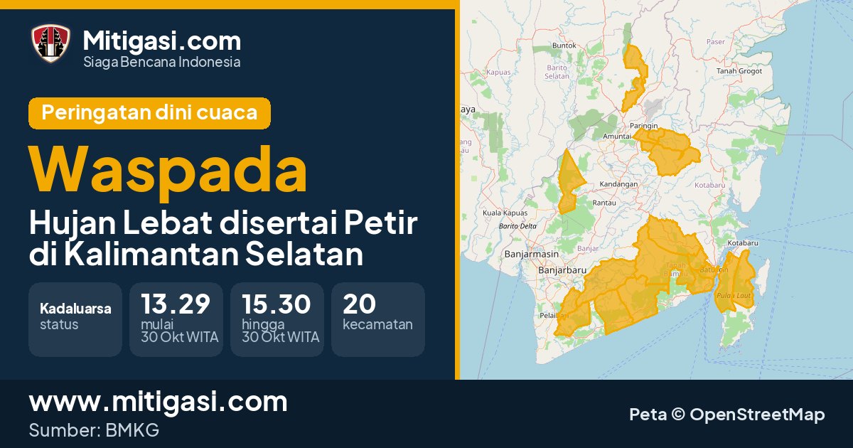 Peringatan dini cuaca BMKG tingkat Waspada di Kalimantan Selatan. (Mitigasi.com/data BMKG)