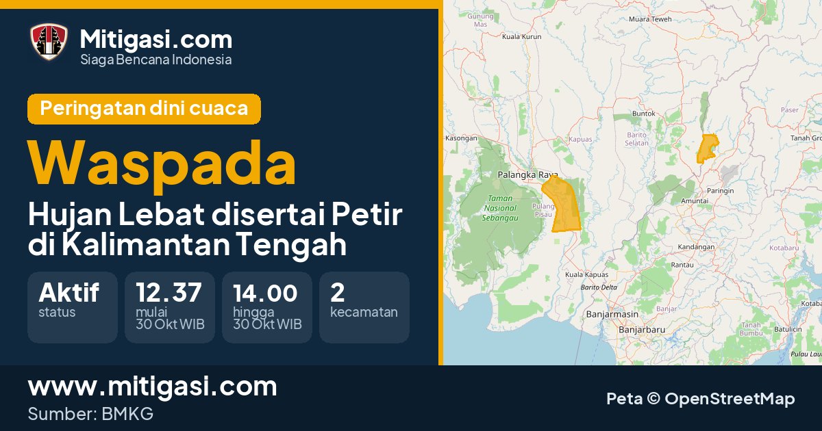 Peringatan dini cuaca BMKG tingkat Waspada di Kalimantan Tengah. (Mitigasi.com/data BMKG)