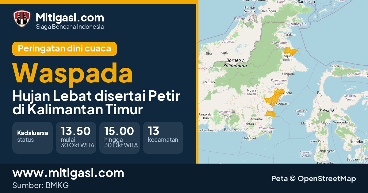 Peringatan dini cuaca BMKG tingkat Waspada di Kalimantan Timur. (Mitigasi.com/data BMKG)