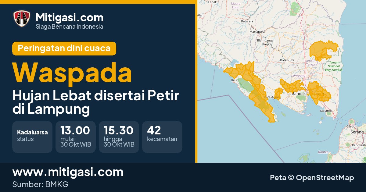 Peringatan dini cuaca BMKG tingkat Waspada di Lampung. (Mitigasi.com/data BMKG)