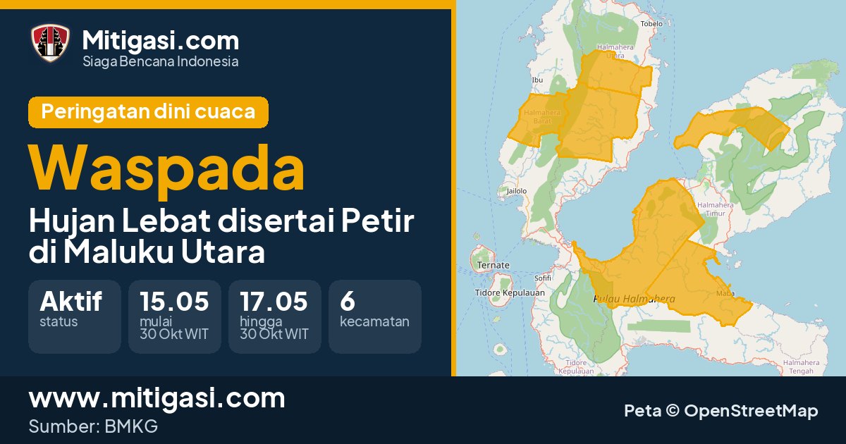 Peringatan dini cuaca BMKG tingkat Waspada di Maluku Utara. (Mitigasi.com/data BMKG)
