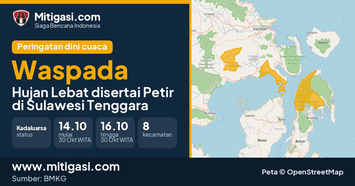 Peringatan dini cuaca BMKG tingkat Waspada di Sulawesi Tenggara. (Mitigasi.com/data BMKG)