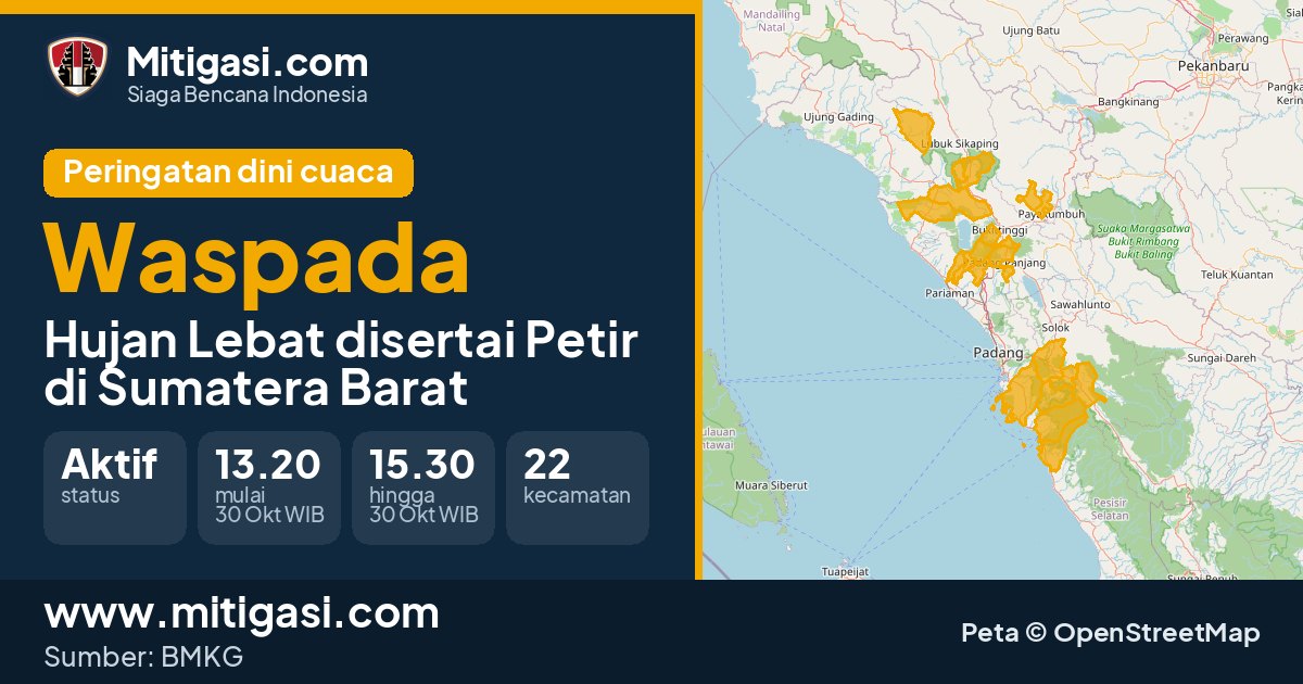Peringatan dini cuaca BMKG tingkat Waspada di Sumatera Barat. (Mitigasi.com/data BMKG)