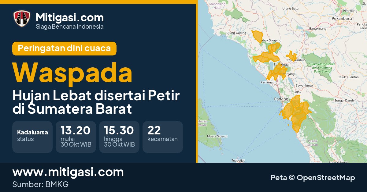 Peringatan dini cuaca BMKG tingkat Waspada di Sumatera Barat. (Mitigasi.com/data BMKG)