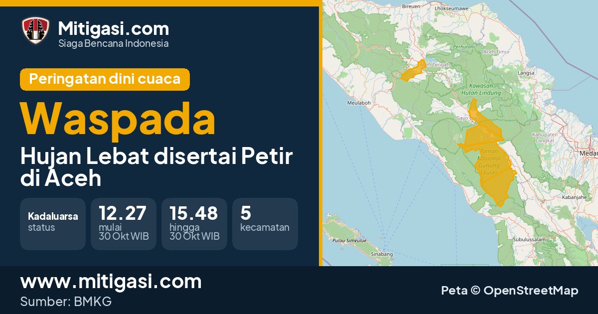 Peringatan dini cuaca BMKG tingkat Waspada di Aceh. (Mitigasi.com/data BMKG)