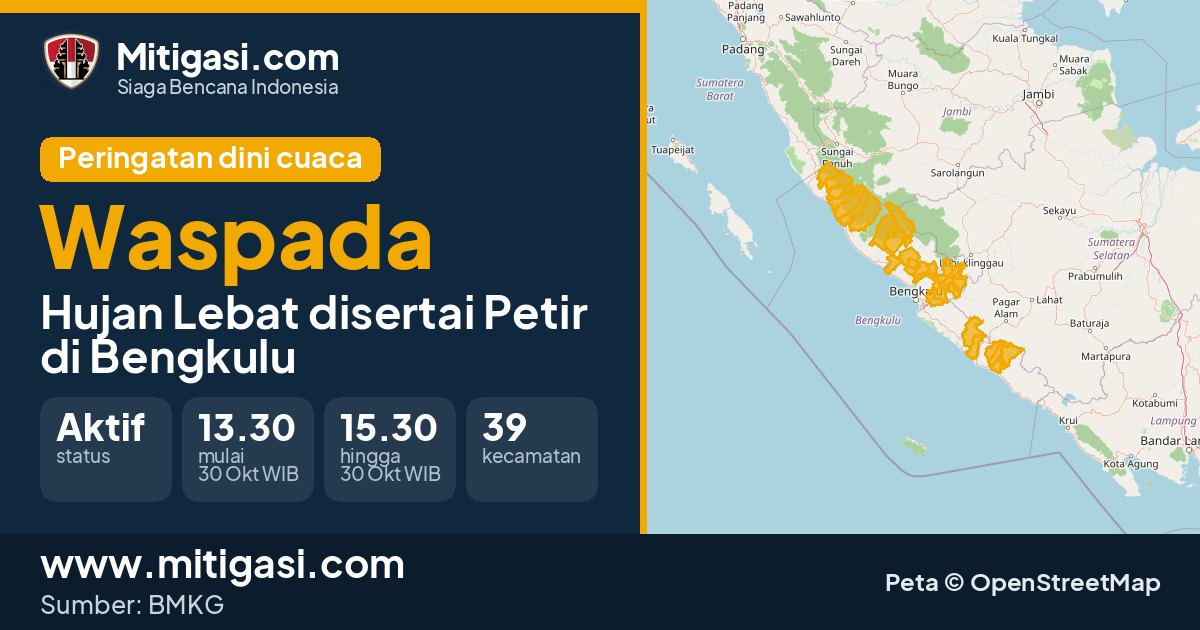 Peringatan dini cuaca BMKG tingkat Waspada di Bengkulu. (Mitigasi.com/data BMKG)