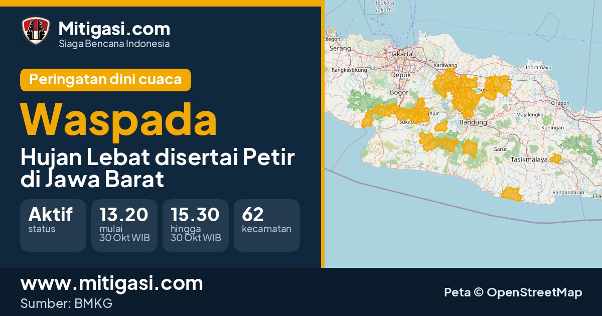Peringatan dini cuaca BMKG tingkat Waspada di Jawa Barat. (Mitigasi.com/data BMKG)