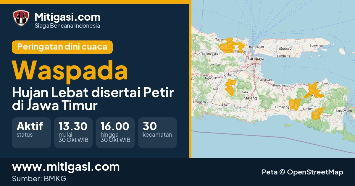 Peringatan dini cuaca BMKG tingkat Waspada di Jawa Timur. (Mitigasi.com/data BMKG)