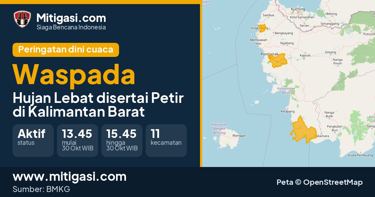 Peringatan dini cuaca BMKG tingkat Waspada di Kalimantan Barat. (Mitigasi.com/data BMKG)