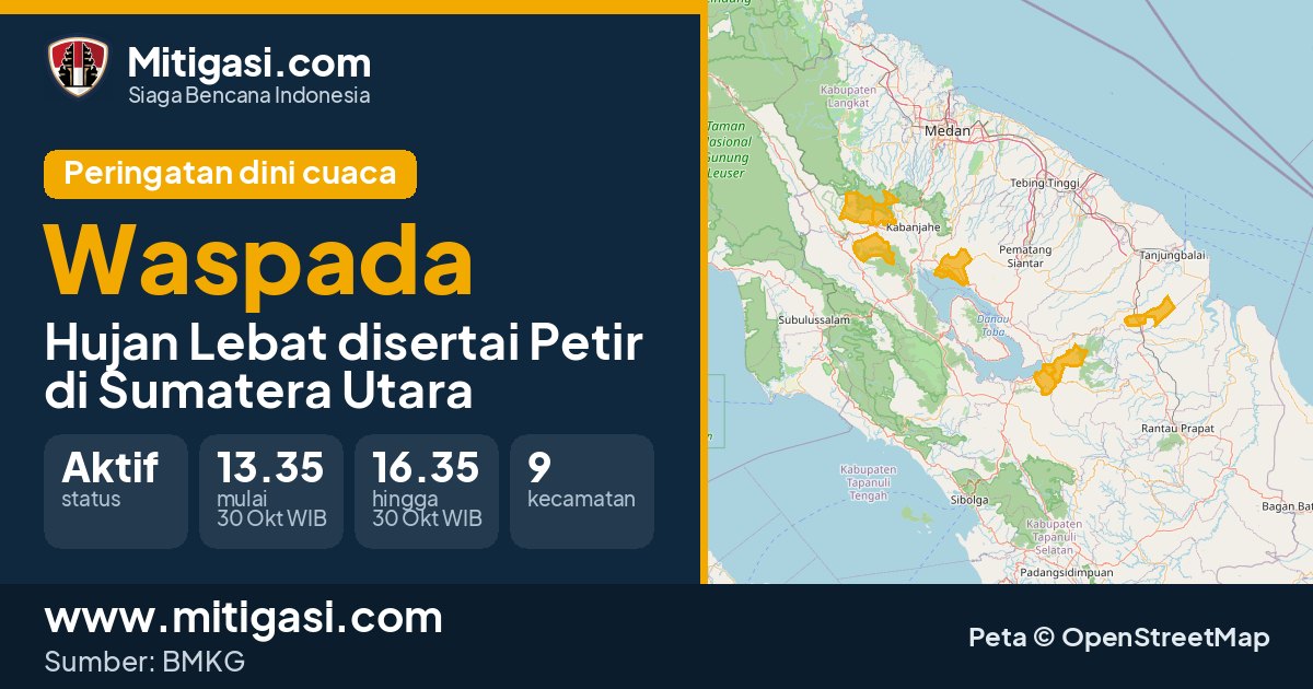 Peringatan dini cuaca BMKG tingkat Waspada di Sumatera Utara. (Mitigasi.com/data BMKG)