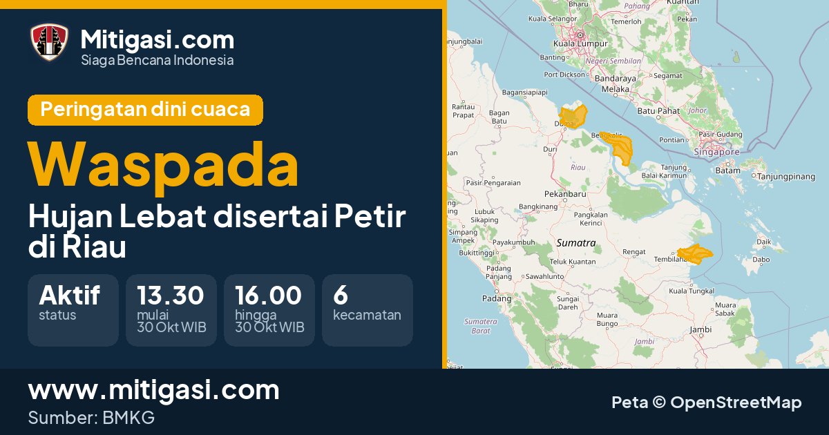 Peringatan dini cuaca BMKG tingkat Waspada di Riau. (Mitigasi.com/data BMKG)