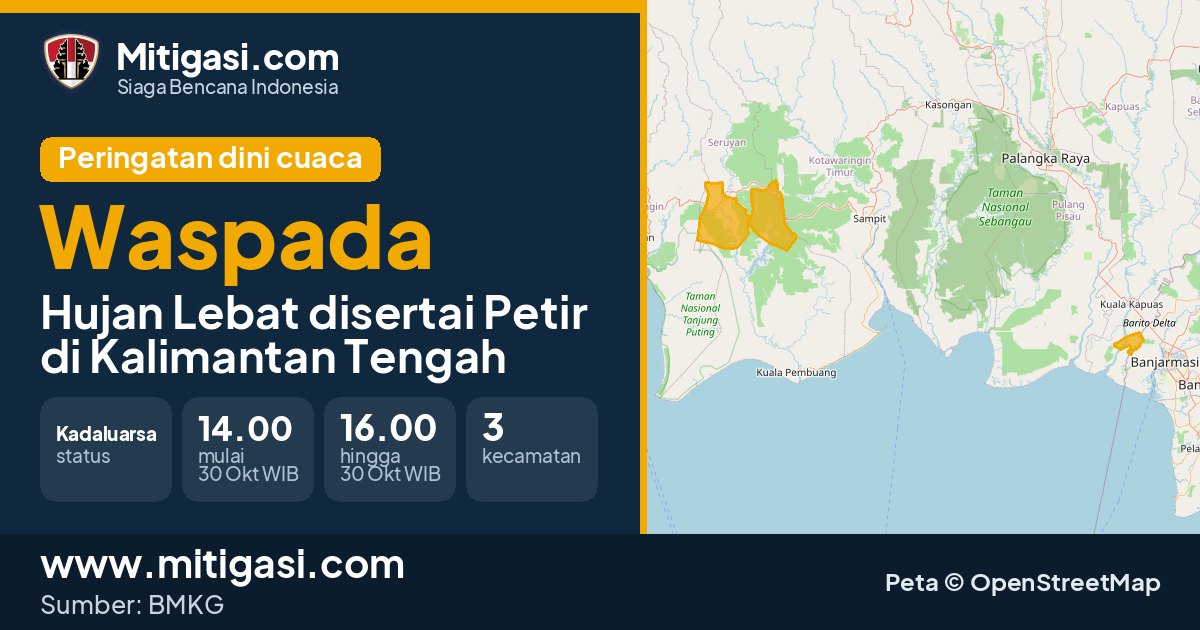 Peringatan dini cuaca BMKG tingkat Waspada di Kalimantan Tengah. (Mitigasi.com/data BMKG)