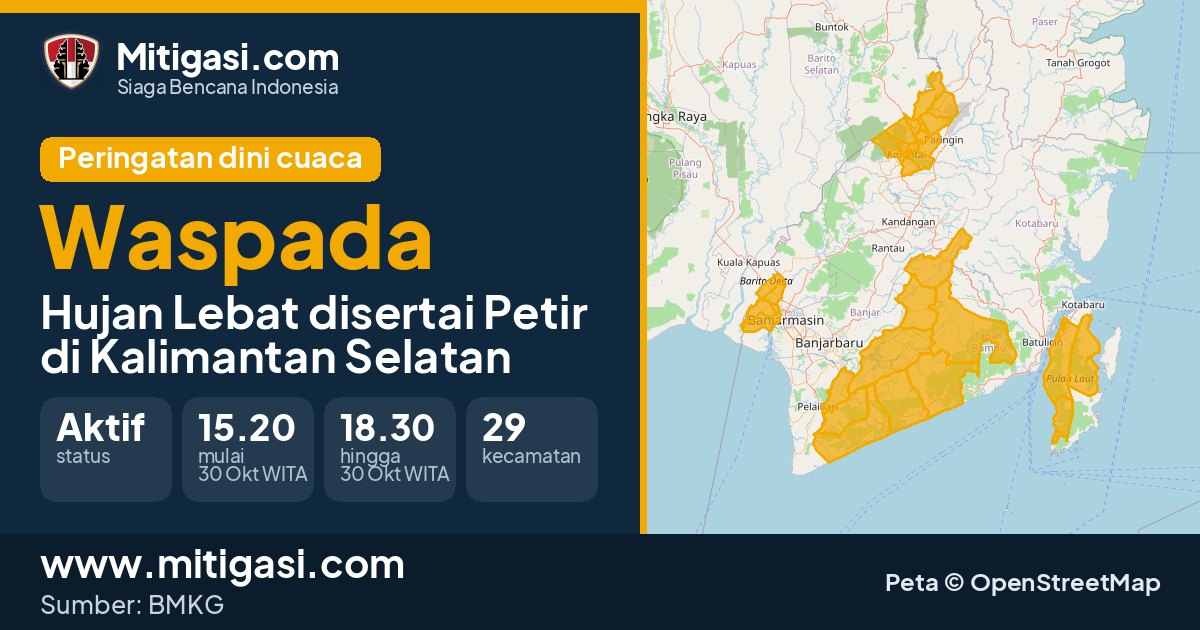 Peringatan dini cuaca BMKG tingkat Waspada di Kalimantan Selatan. (Mitigasi.com/data BMKG)