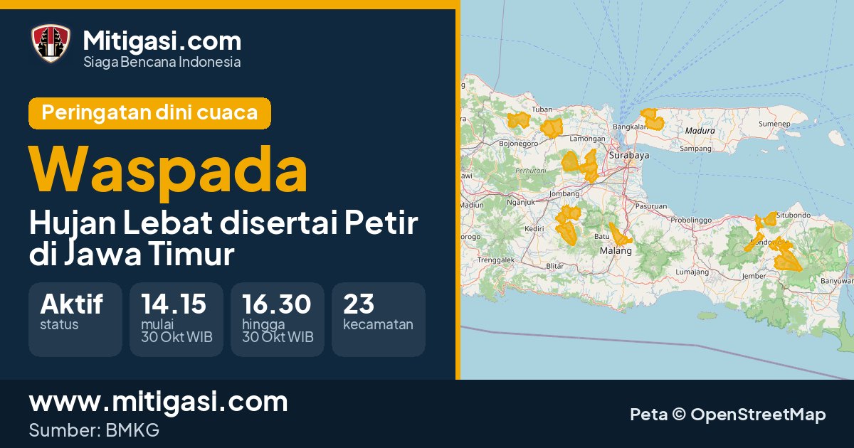 Peringatan dini cuaca BMKG tingkat Waspada di Jawa Timur. (Mitigasi.com/data BMKG)