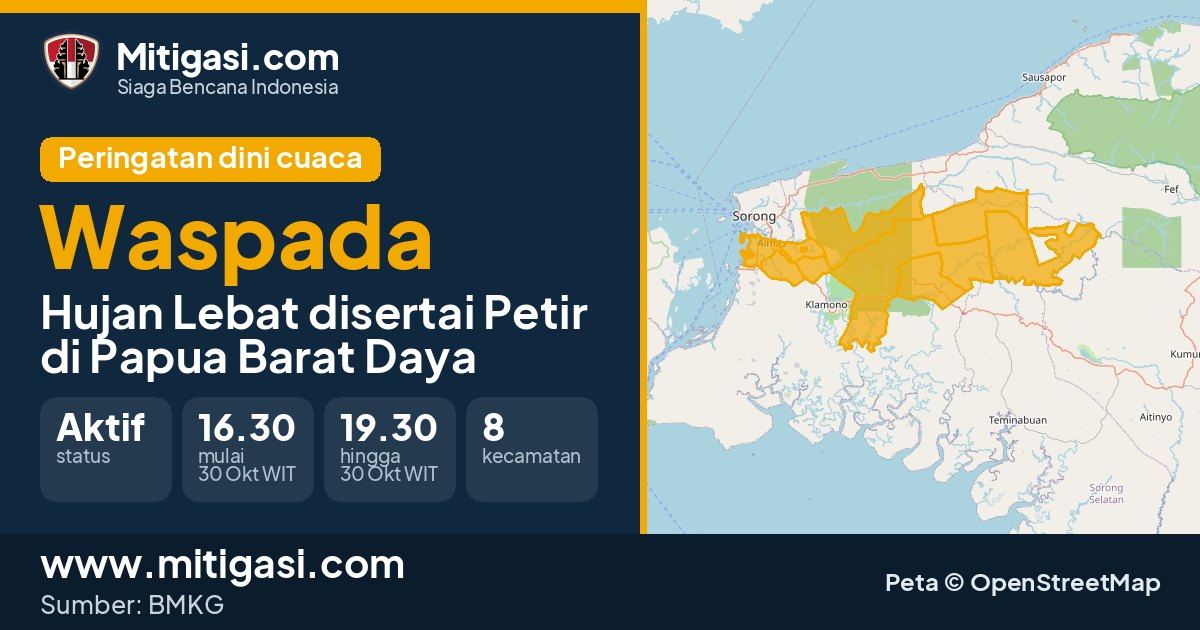 Peringatan dini cuaca BMKG tingkat Waspada di Papua Barat Daya. (Mitigasi.com/data BMKG)