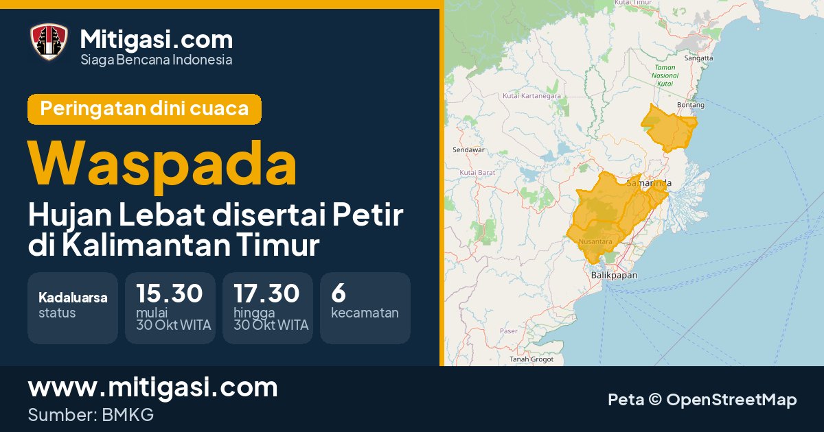 Peringatan dini cuaca BMKG tingkat Waspada di Kalimantan Timur. (Mitigasi.com/data BMKG)